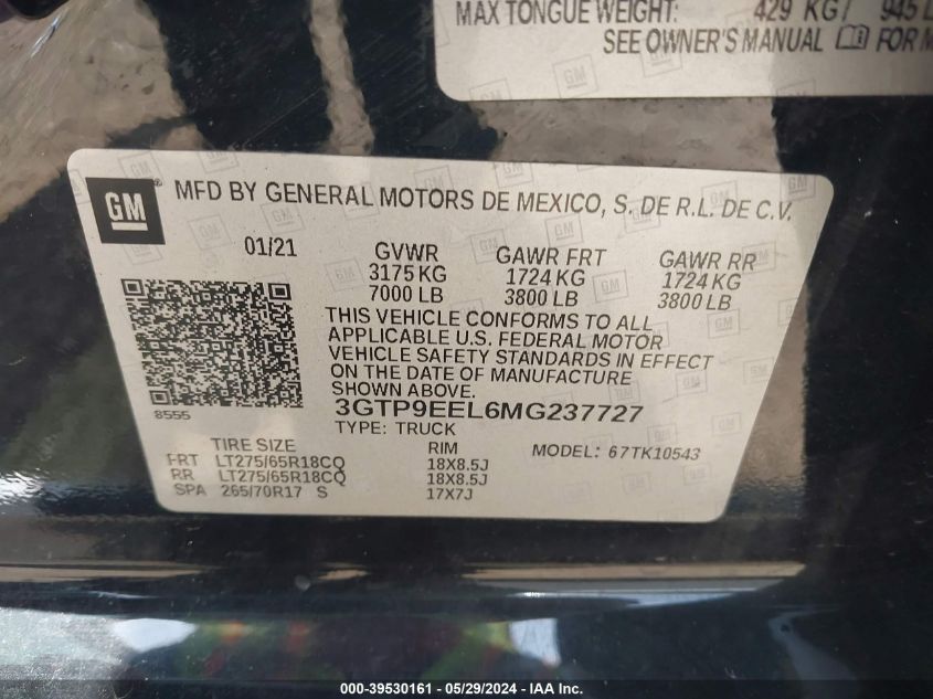 2021 GMC Sierra 1500 4Wd Short Box At4 VIN: 3GTP9EEL6MG237727 Lot: 39530161