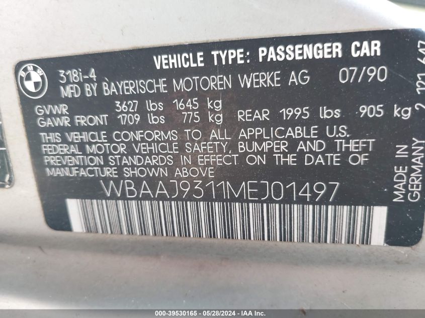 1991 BMW 318 I VIN: WBAAJ9311MEJ01497 Lot: 39530165