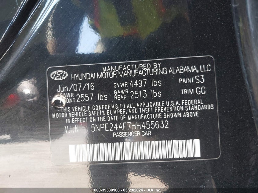 2017 Hyundai Sonata Se VIN: 5NPE24AF7HH455632 Lot: 39530168