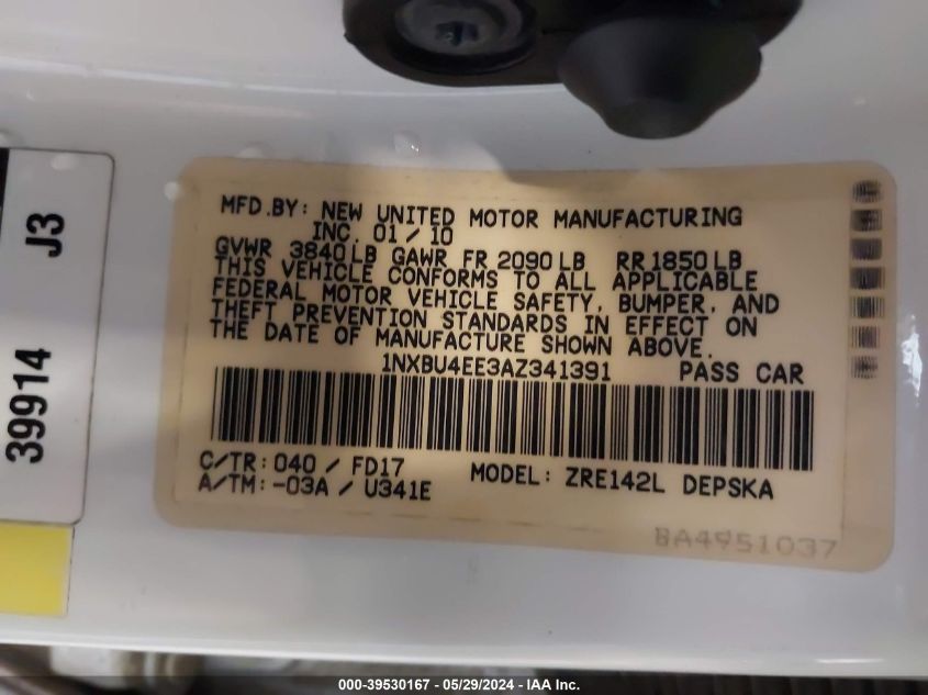 2010 Toyota Corolla S VIN: 1NXBU4EE3AZ341391 Lot: 39530167