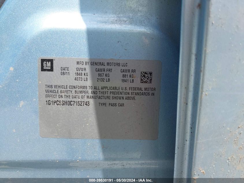 2012 Chevrolet Cruze Ls VIN: 1G1PC5SH0C7152743 Lot: 39530191