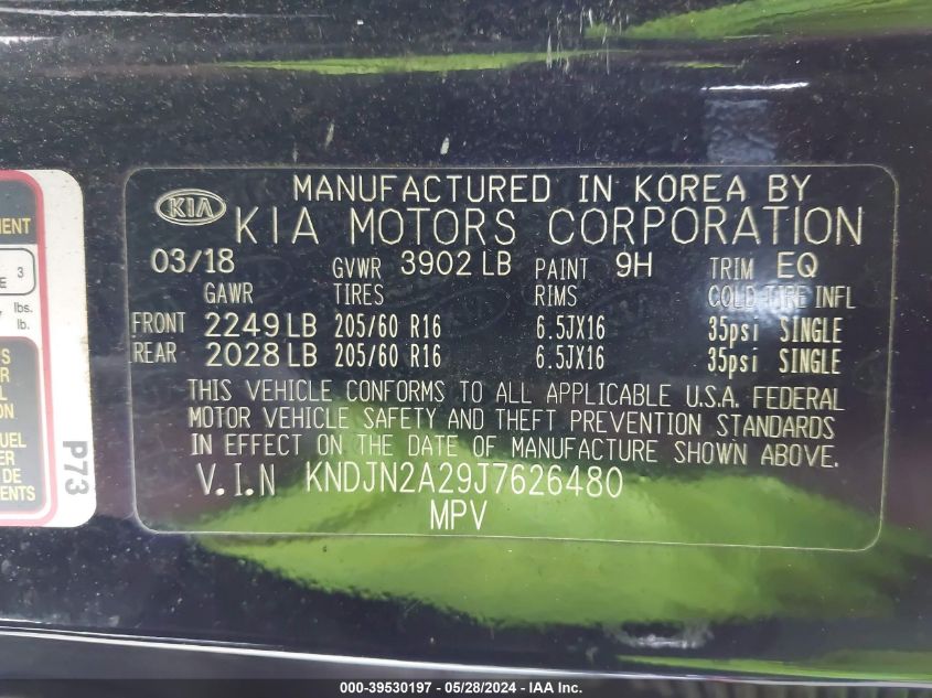 2018 Kia Soul VIN: KNDJN2A29J7626480 Lot: 39530197