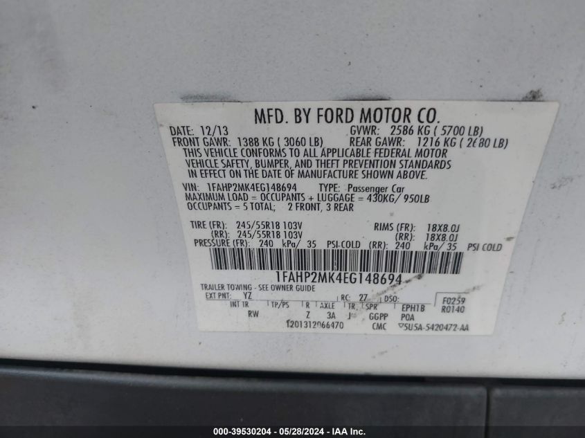 2014 Ford Police Interceptor VIN: 1FAHP2MK4EG148694 Lot: 39530204