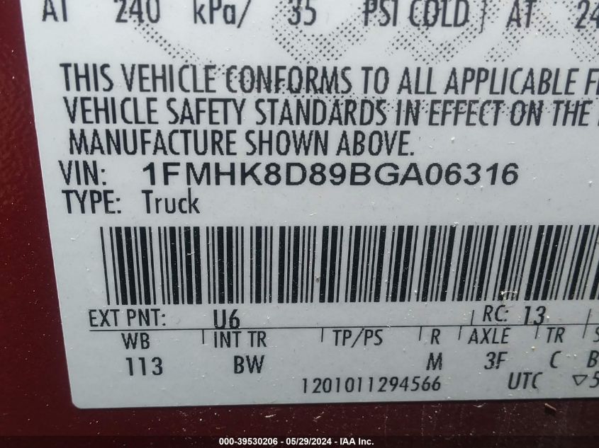 2011 Ford Explorer Xlt VIN: 1FMHK8D89BGA06316 Lot: 39530206