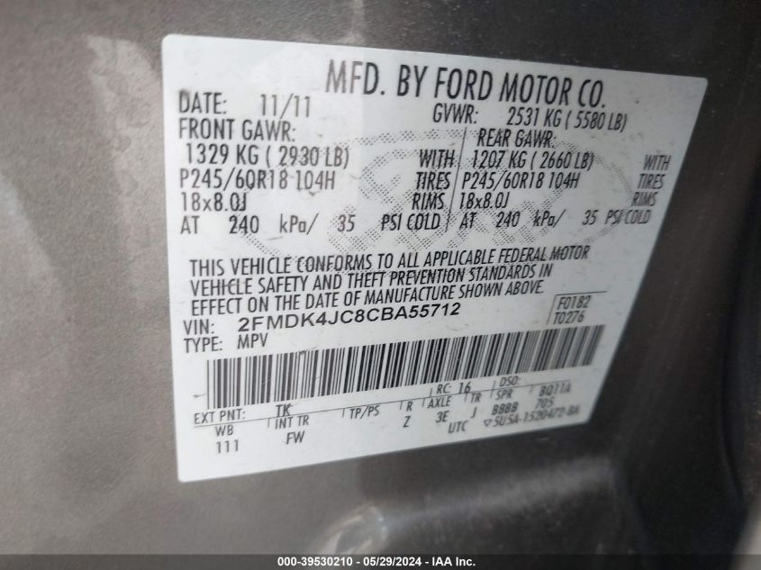 2012 Ford Edge Sel VIN: 2FMDK4JC8CBA55712 Lot: 39530210