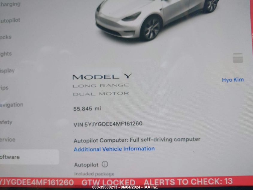 2021 Tesla Model Y Long Range Dual Motor All-Wheel Drive VIN: 5YJYGDEE4MF161260 Lot: 39530213