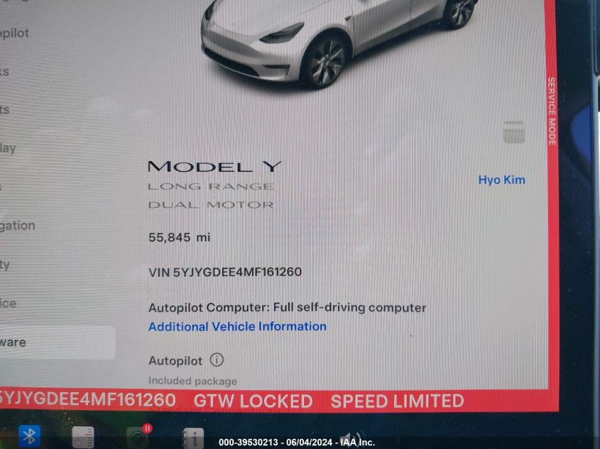 2021 Tesla Model Y Long Range Dual Motor All-Wheel Drive VIN: 5YJYGDEE4MF161260 Lot: 39530213