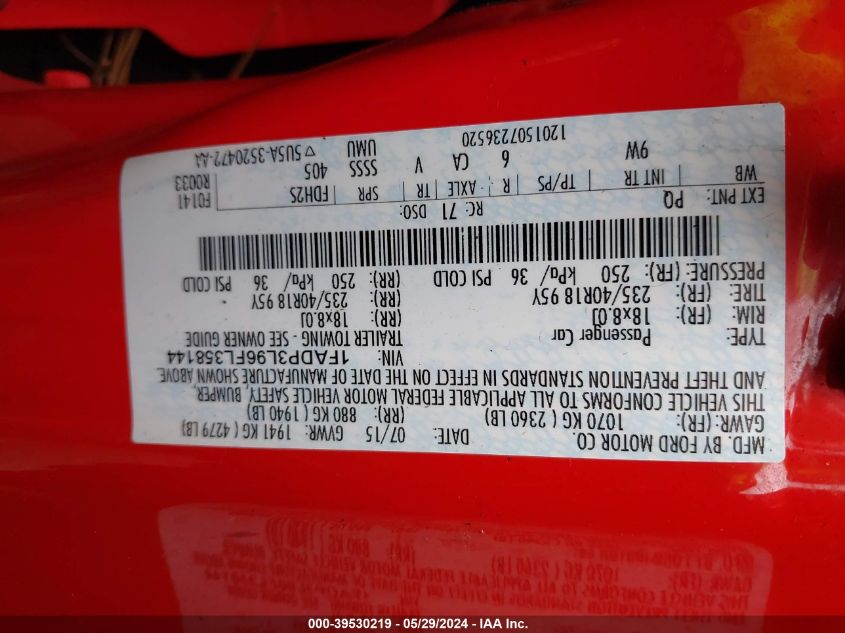 2015 Ford Focus St VIN: 1FADP3L96FL358144 Lot: 39530219