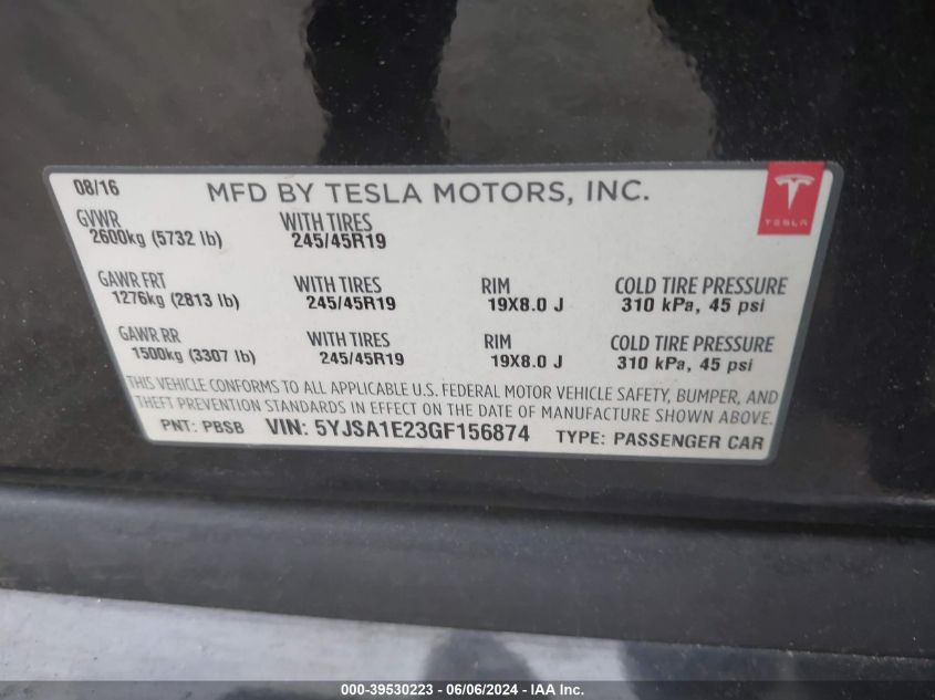 2016 Tesla Model S 60D/70D/75D/85D/90D VIN: 5YJSA1E23GF156874 Lot: 39530223