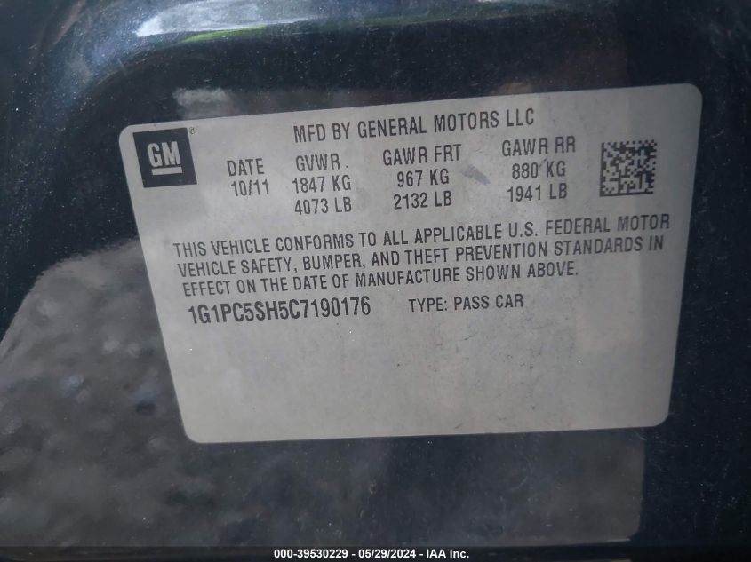 2012 Chevrolet Cruze Ls VIN: 1G1PC5SH5C7190176 Lot: 39530229