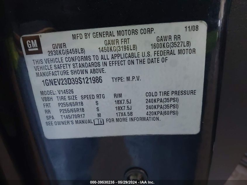 2009 Chevrolet Traverse Lt VIN: 1GNEV23D39S121986 Lot: 39530235