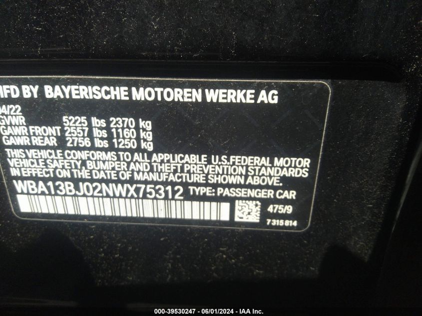 2022 BMW 530 Xi VIN: WBA13BJ02NWX75312 Lot: 39530247