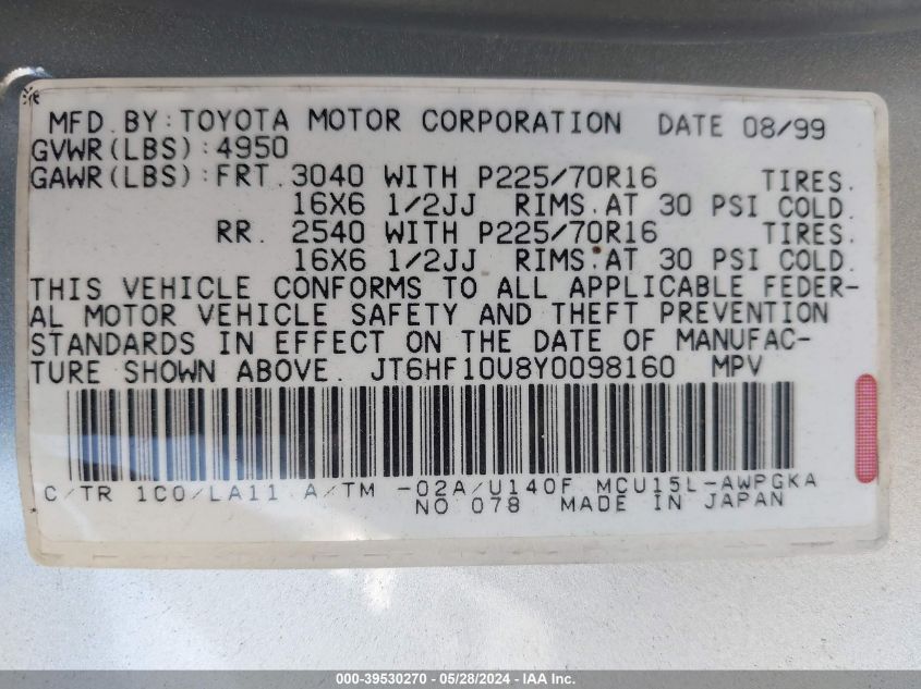 2000 Lexus Rx 300 VIN: JT6HF10U8Y0098160 Lot: 39530270