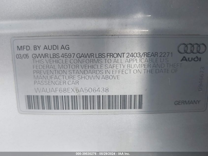 2005 Audi A4 2.0T VIN: WAUAF68EX5A506438 Lot: 39530276