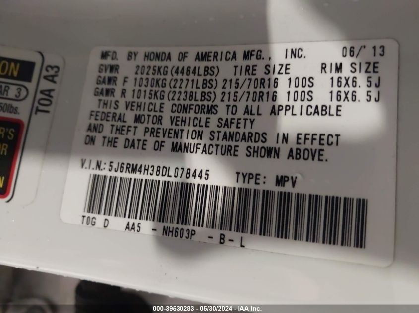 2013 Honda Cr-V Lx VIN: 5J6RM4H38DL078445 Lot: 39530283