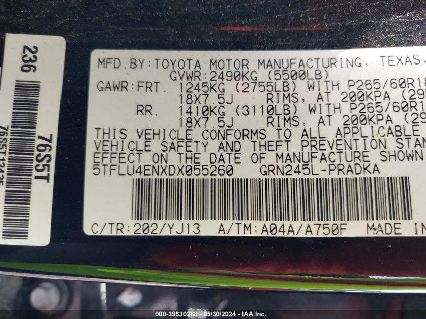 2013 Toyota Tacoma Base V6 VIN: 5TFLU4ENXDX055260 Lot: 39530288