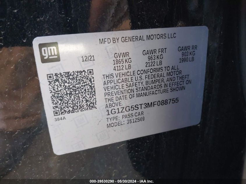 2021 Chevrolet Malibu Fwd Rs VIN: 1G1ZG5ST3MF088755 Lot: 39530290