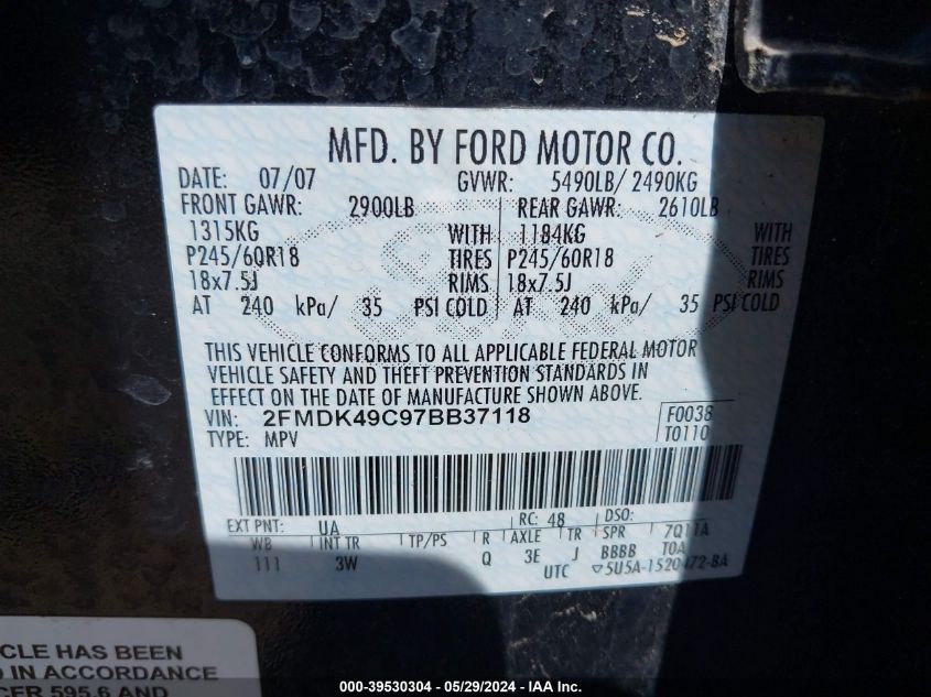 2007 Ford Edge Sel Plus VIN: 2FMDK49C97BB37118 Lot: 39530304