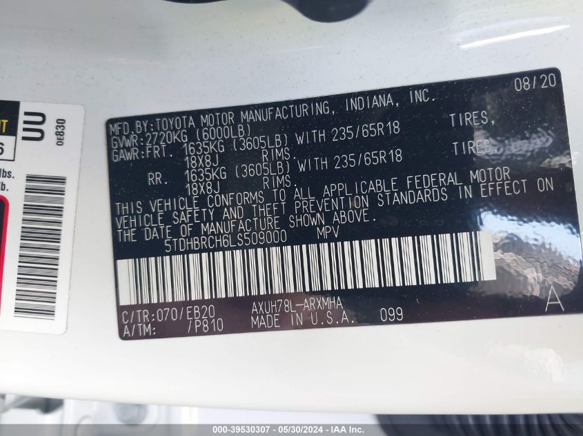 2020 Toyota Highlander Hybrid Xle VIN: 5TDHBRCH6LS509000 Lot: 39530307