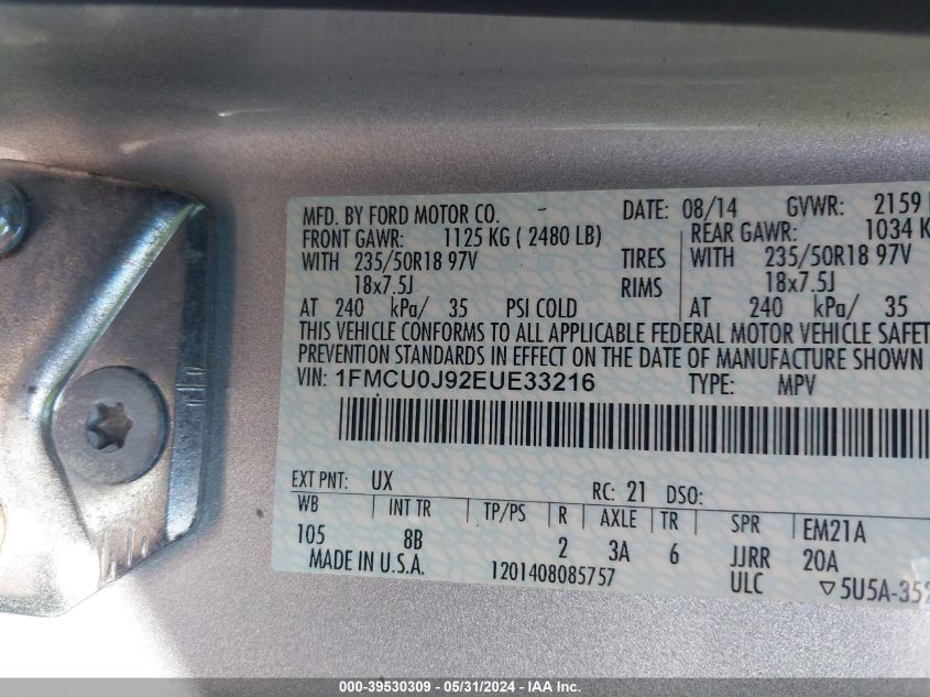 2014 Ford Escape Titanium VIN: 1FMCU0J92EUE33216 Lot: 39530309