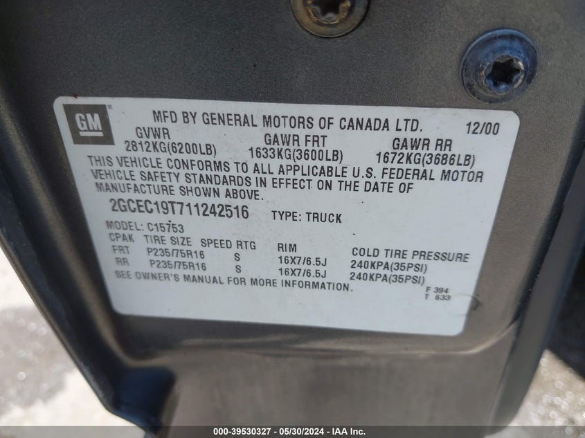 2001 Chevrolet Silverado 1500 Ls VIN: 2GCEC19T711242516 Lot: 39530327