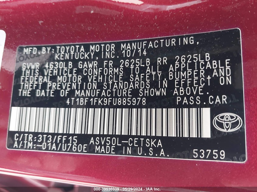 2015 Toyota Camry Se VIN: 4T1BF1FK9FU885978 Lot: 39530339