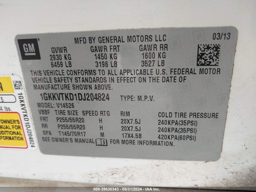 2013 GMC Acadia Denali VIN: 1GKKVTKD1DJ204824 Lot: 39530343