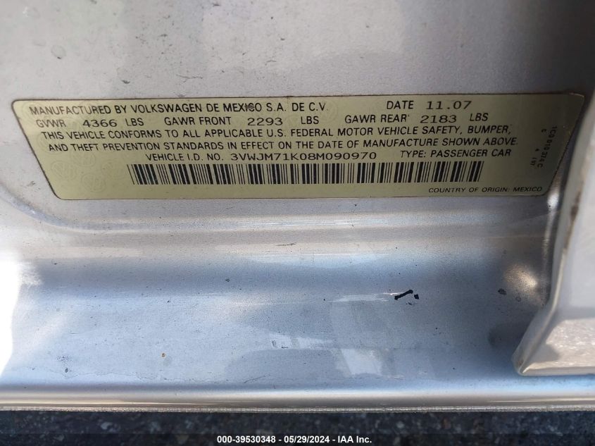 2008 Volkswagen Jetta S VIN: 3VWJM71K08M090970 Lot: 39530348