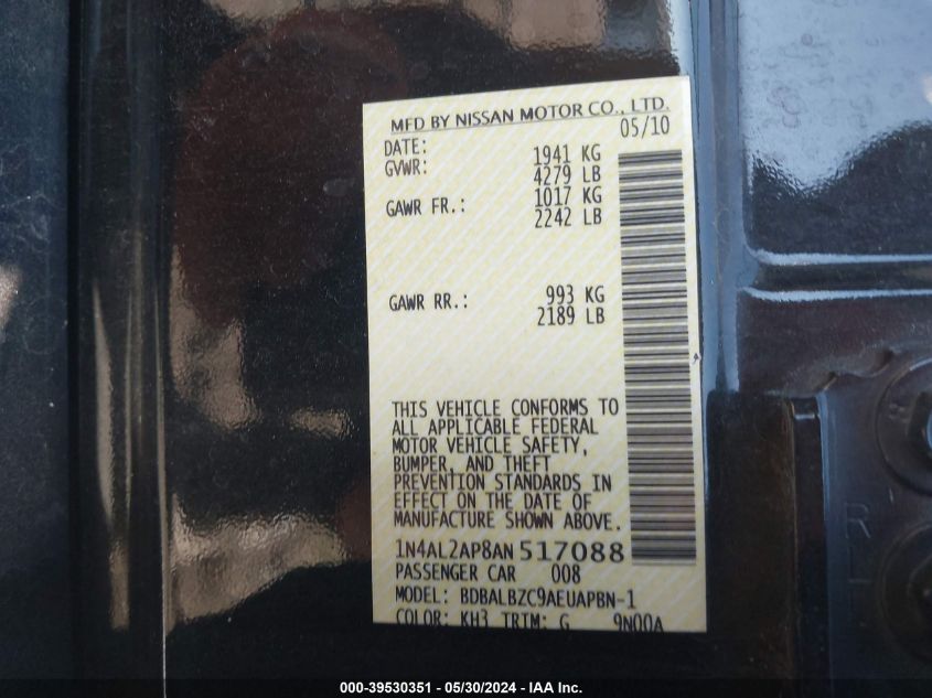2010 Nissan Altima 2.5 S VIN: 1N4AL2AP8AN517088 Lot: 39530351