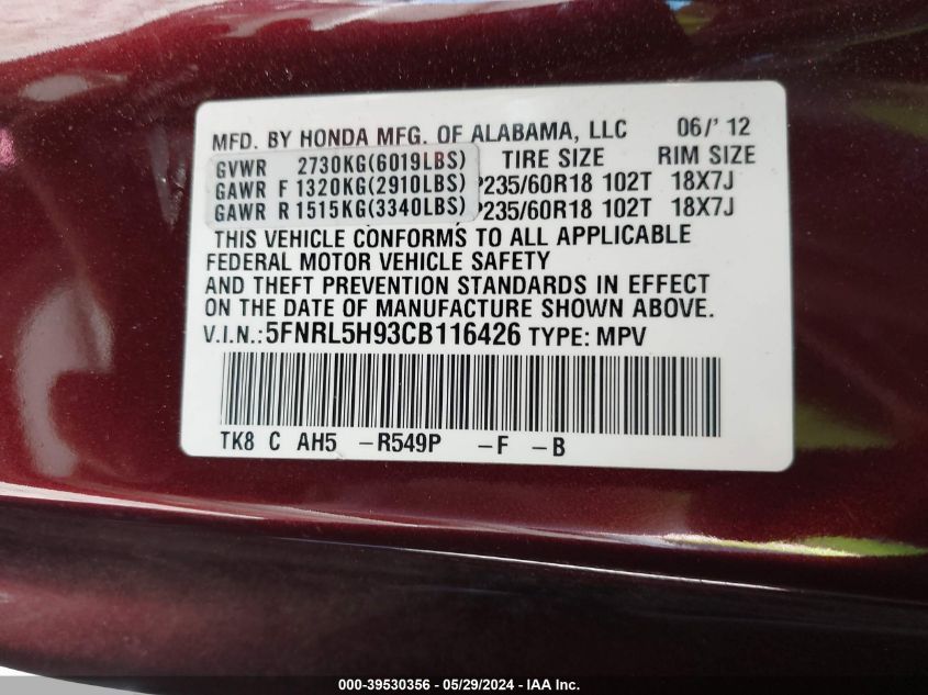 2012 Honda Odyssey Touring/Touring Elite VIN: 5FNRL5H93CB116426 Lot: 39530356