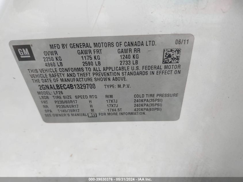 2011 Chevrolet Equinox Ls VIN: 2GNALBEC4B1329700 Lot: 39530376