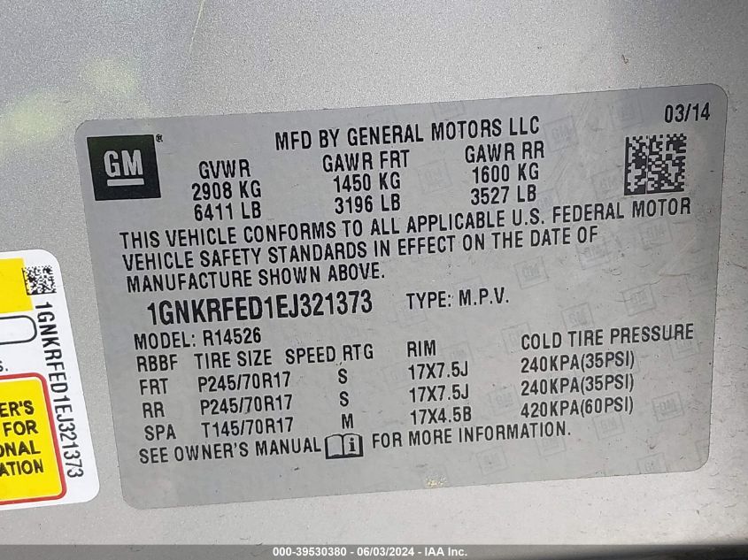 2014 Chevrolet Traverse Ls VIN: 1GNKRFED1EJ321373 Lot: 39530380