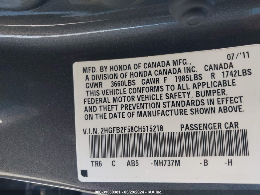 2012 Honda Civic Lx VIN: 2HGFB2F58CH515218 Lot: 39530381