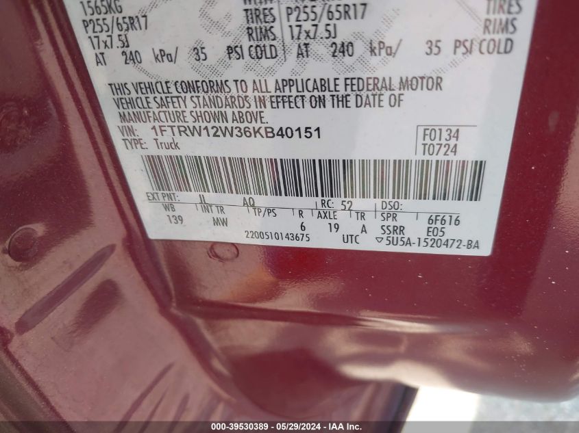 2006 Ford F-150 Xlt VIN: 1FTRW12W36KB40151 Lot: 39530389