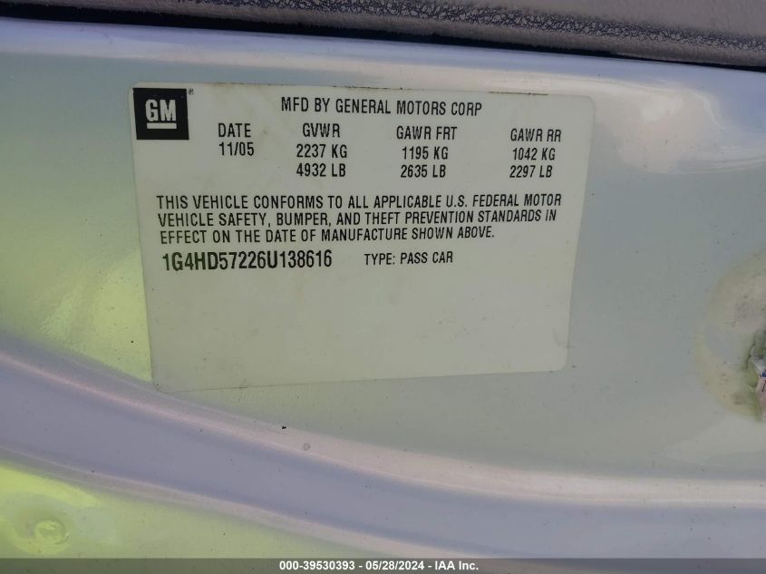 2006 Buick Lucerne Cxl VIN: 1G4HD57226U138616 Lot: 39530393