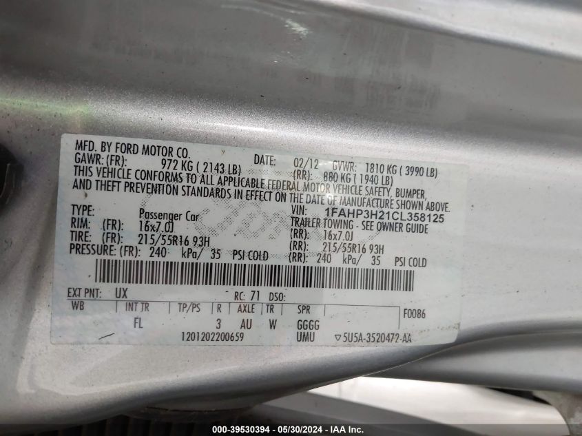 2012 Ford Focus Sel VIN: 1FAHP3H21CL358125 Lot: 39530394