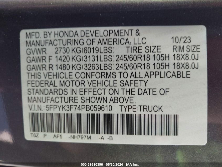 2023 Honda Ridgeline Rtl-E VIN: 5FPYK3F74PB059610 Lot: 39530396