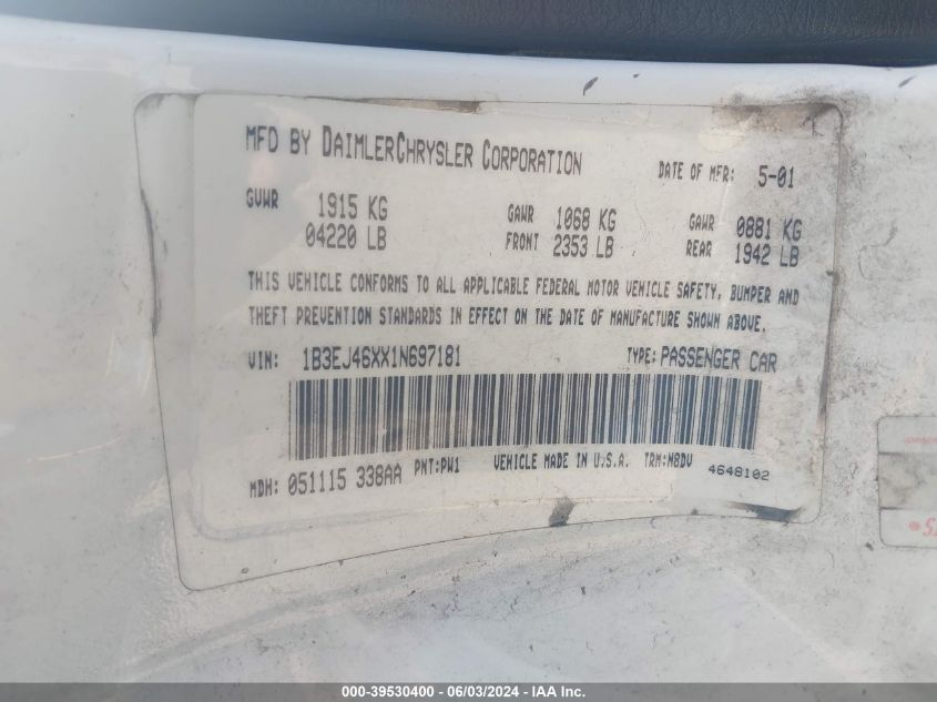 2001 Dodge Stratus Se VIN: 1B3EJ46XX1N697181 Lot: 39530400