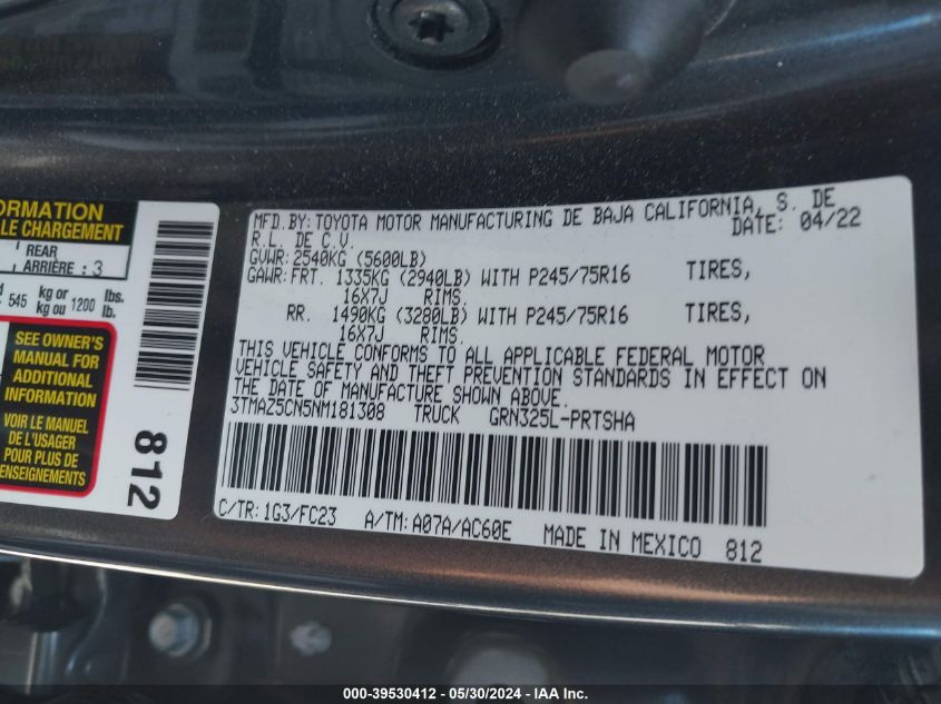 2022 Toyota Tacoma Sr5 V6 VIN: 3TMAZ5CN5NM181308 Lot: 39530412