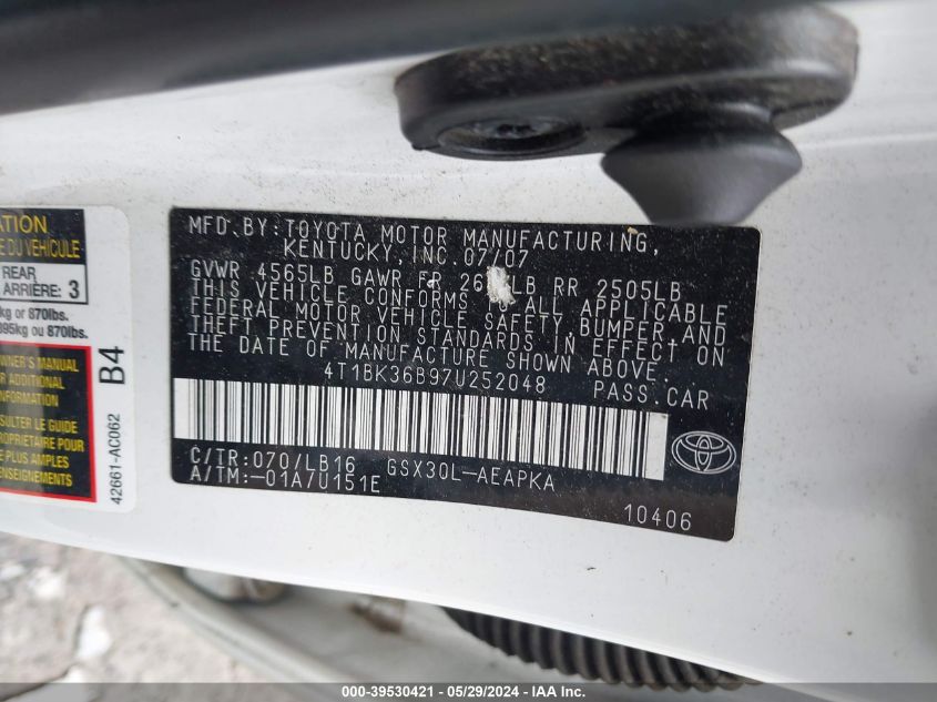 2007 Toyota Avalon Limited VIN: 4T1BK36B97U252048 Lot: 39530421