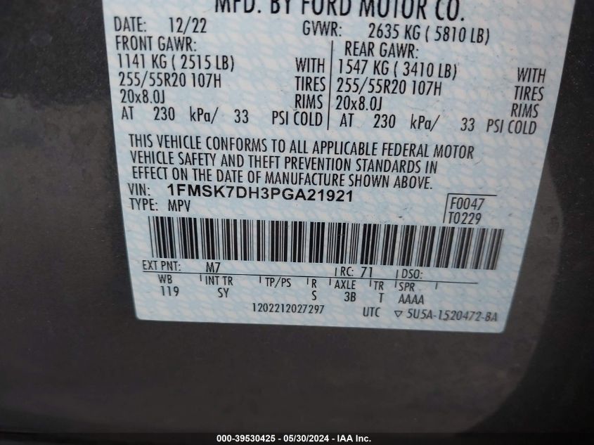 2023 Ford Explorer Xlt VIN: 1FMSK7DH3PGA21921 Lot: 39530425