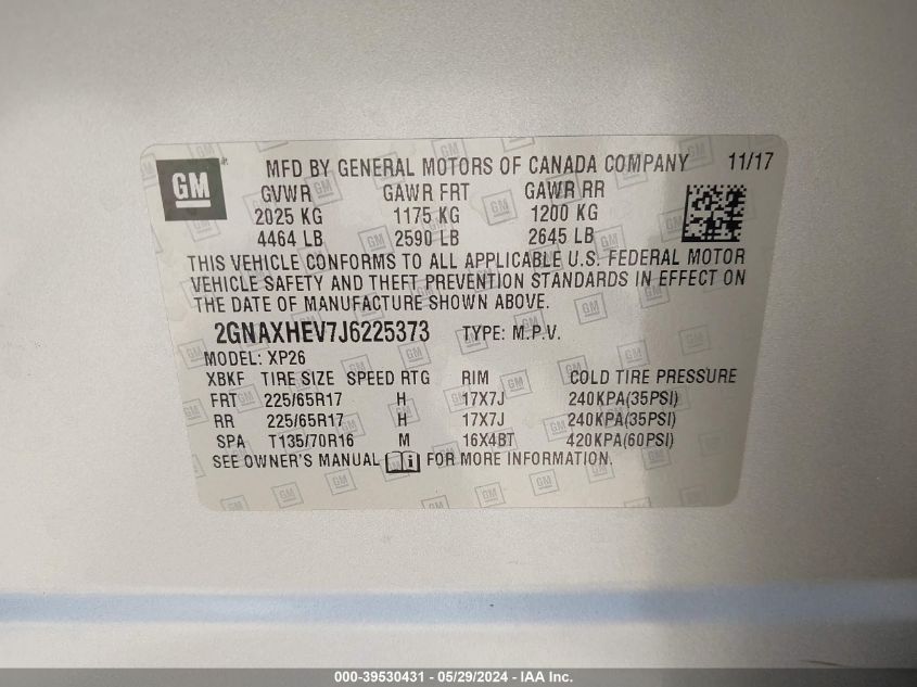 2018 Chevrolet Equinox Ls VIN: 2GNAXHEV7J6225373 Lot: 39530431