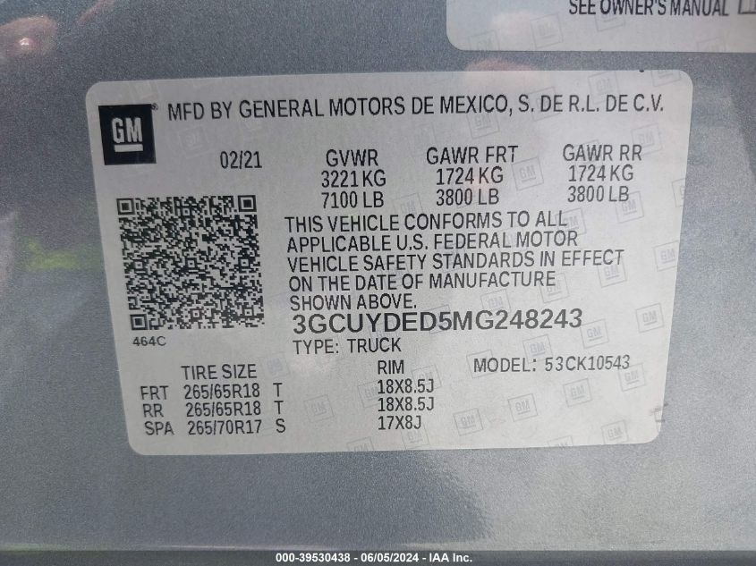 2021 Chevrolet Silverado 1500 4Wd Short Bed Lt VIN: 3GCUYDED5MG248243 Lot: 42280311