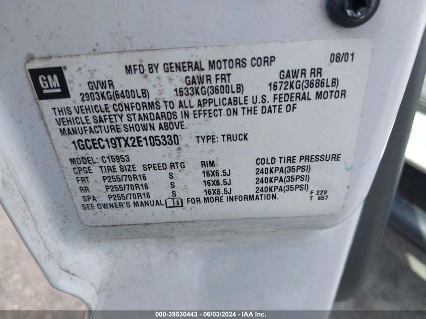 2002 Chevrolet Silverado 1500 VIN: 1GCEC19TX2E105330 Lot: 39530443