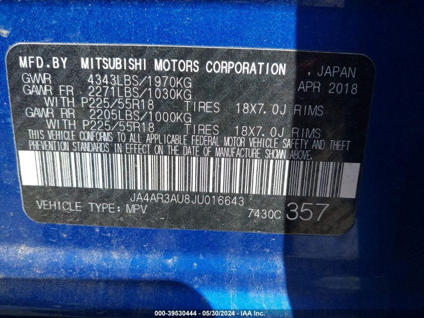 2018 Mitsubishi Outlander Sport 2.0 Es VIN: JA4AR3AU8JU016643 Lot: 39530444