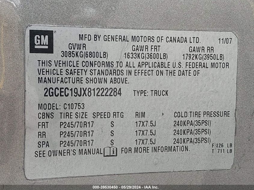 2008 Chevrolet Silverado 1500 Lt1 VIN: 2GCEC19JX81222284 Lot: 39530450