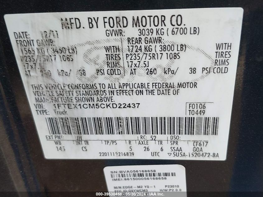 2012 Ford F-150 Stx VIN: 1FTEX1CM5CKD22437 Lot: 39530458