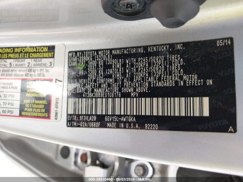 2014 Toyota Venza Limited V6 VIN: 4T3BK3BB9EU106176 Lot: 39530460