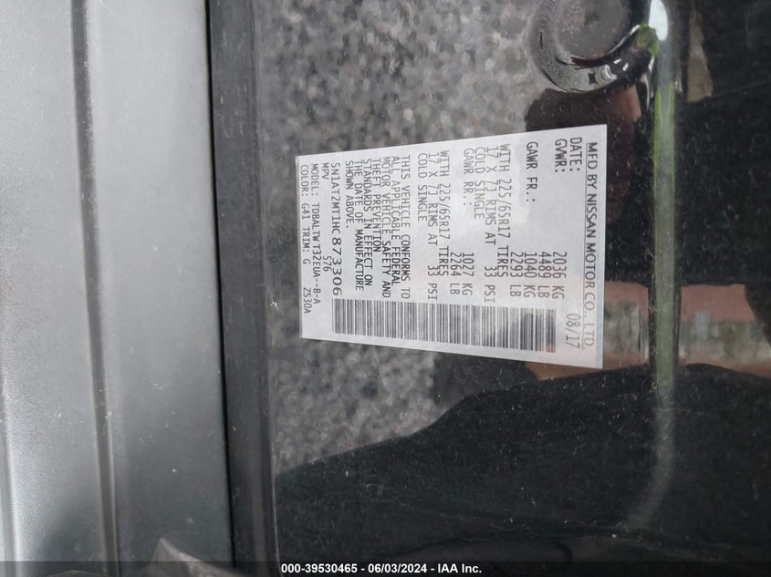 2017 Nissan Rogue Sv VIN: 5N1AT2MT1HC873306 Lot: 39530465