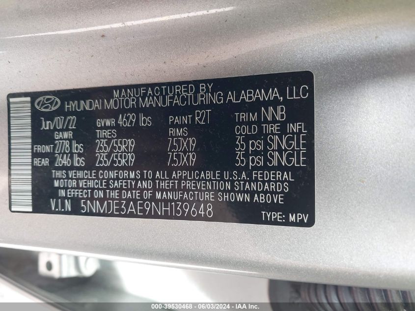 2022 Hyundai Tucson Limited VIN: 5NMJE3AE9NH139648 Lot: 39530468